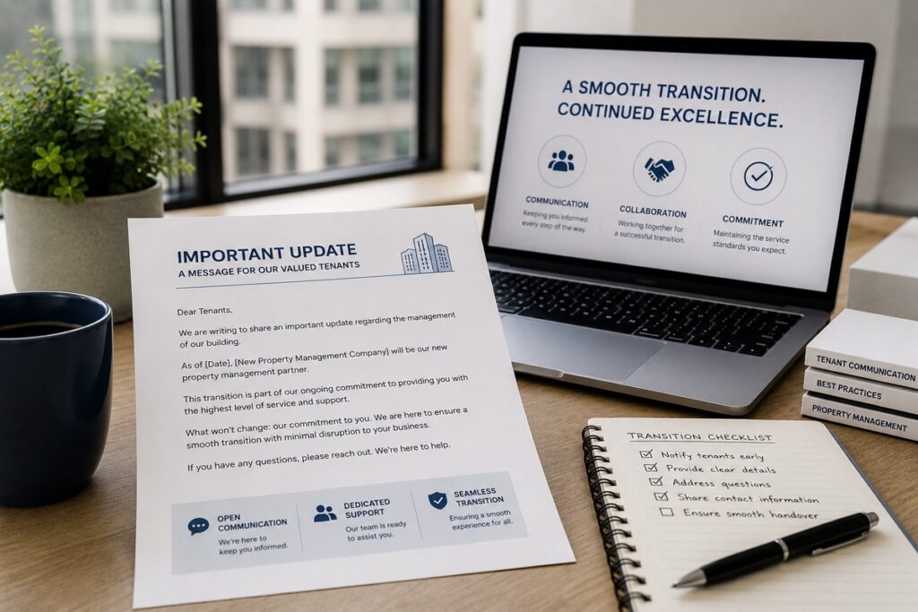Communicating the Transition to Your Commercial Tenants | Manage Your Property Desk scene with an 'Important Update' letter on a wooden table, a laptop showing 'A smooth transition, continued excellence,' a spiral notebook and pen, a mug, and a plant beside a window.
