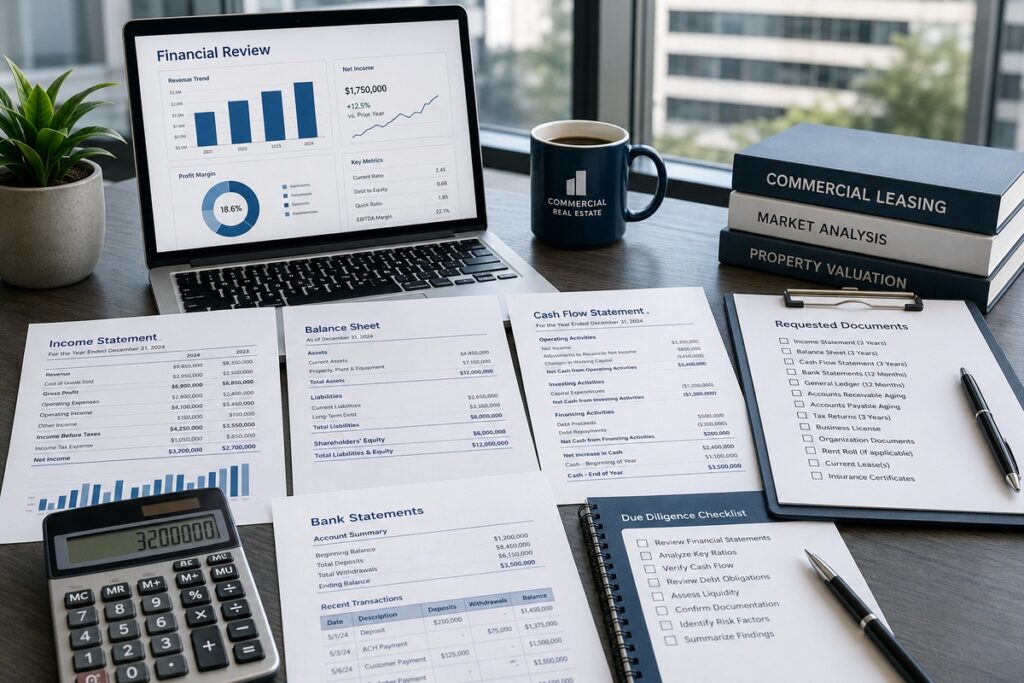 Corporate Financial Documents- What to Request and What to Look For | Manage Your Property Desk setup for financial review: laptop with charts, a calculator, printed statements, and real estate books beside a mug and plant.