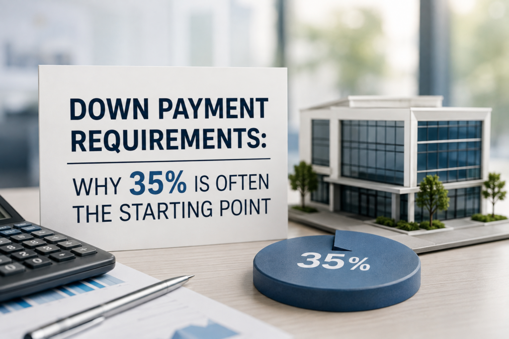 Down Payment Requirements- Why 35 Is Often the Starting Point | Manage Your Property Informational sign about down payment requirements, highlighting 35% as the starting point, beside a building model and calculator.
