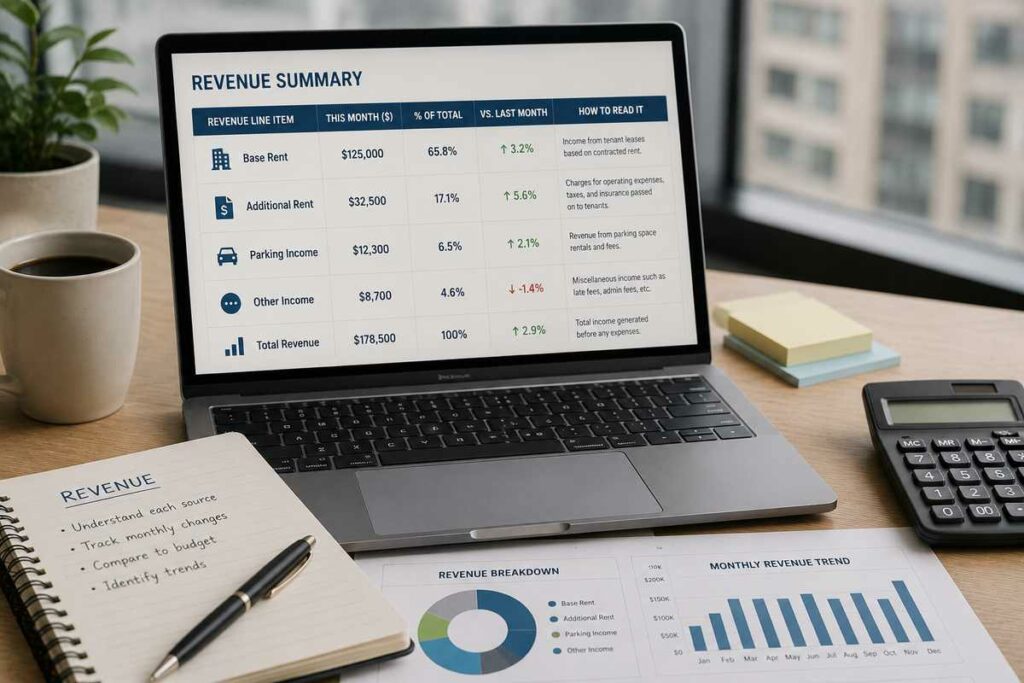 Revenue Section- Every Line Item and How to Read It | Manage Your Property Laptop displaying a revenue summary table with base rent, additional rent, parking income and total revenue.
