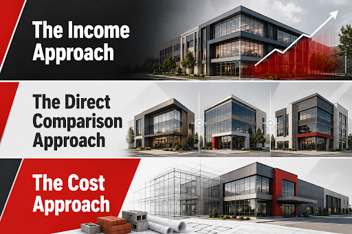 The Three Approaches to Commercial Property Value | Manage Your Property Banner illustrating three real estate appraisal approaches: Income with an upward graph, Direct Comparison with office buildings, and Cost with blueprints.