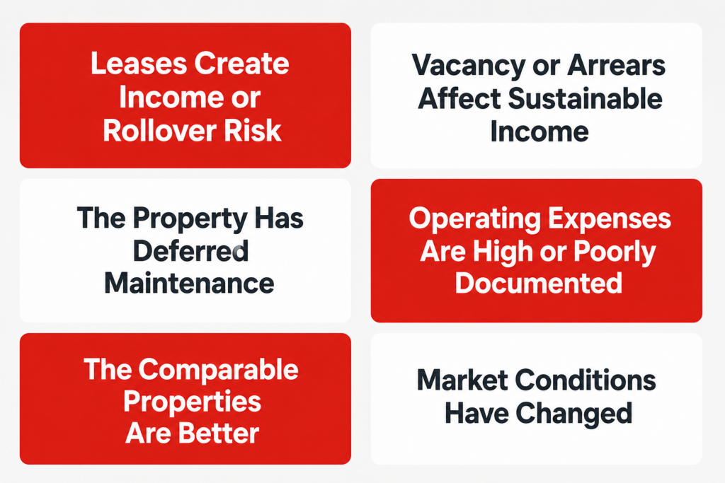 image | Manage Your Property Six rounded cards in a 2x3 grid with alternating red and white backgrounds, each showing bold real estate finance statements.
