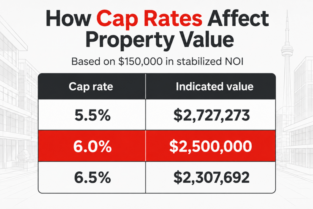 image | Manage Your Property Infographic showing how cap rates affect property value, based on 0,000 in stabilized NOI, with a table of cap rates and corresponding values: 5.5% yields