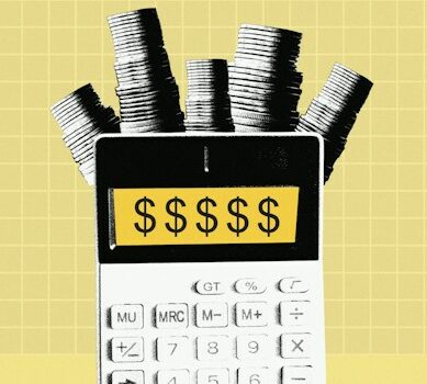 Net Operating Income- Show the Calculation | Manage Your Property Calculator displaying dollar signs, with stacks of coins around it on a yellow grid background, suggesting finances or profit.