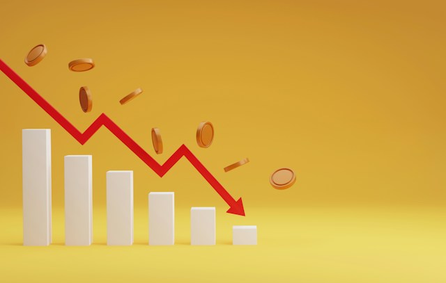 Operating Cost Recovery TMI | Manage Your Property Red downward-trending line over white bar chart with gold coins scattered, signaling a financial decline on a yellow background.