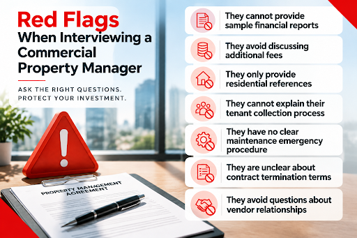 Red Flags When Interviewing a Commercial Property Manager | Manage Your Property Banner explaining red flags when interviewing a commercial property manager; left shows a red warning triangle and a lease document, right lists concerns like missing financials, vague terms, and undisclosed fees.