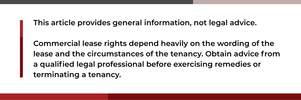 image | Manage Your Property Informational slide stressing that the article is general info, not legal advice, and suggests consulting a lawyer about commercial leases; includes a red left stripe.