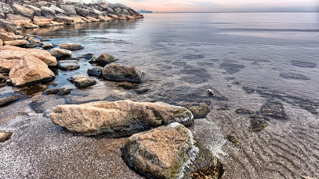 image | Manage Your Property Rocky shoreline with calm water and a distant city skyline on the horizon.