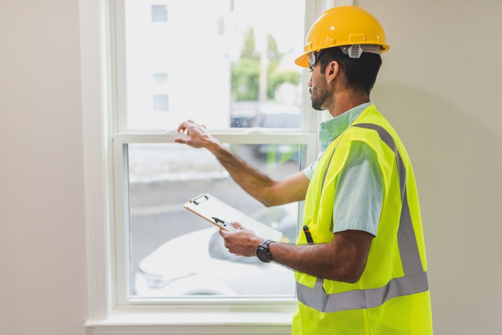image | Manage Your Property Construction worker in a high-visibility vest and yellow hard hat inspecting a window, clipboard in hand.
